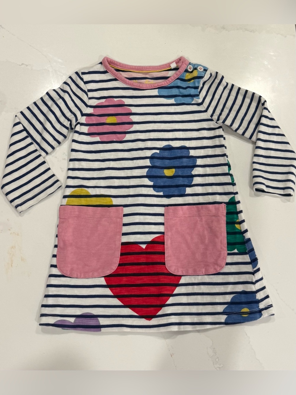 Mini Boden Girls Striped Floral Heart Jersey Dress Navy White Pink 2T - 3T